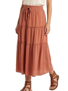 Haeof Tiered Ruffle Maxi Skirt Size M Boho Rayon Tencel Dark Apricot Cottagecore
